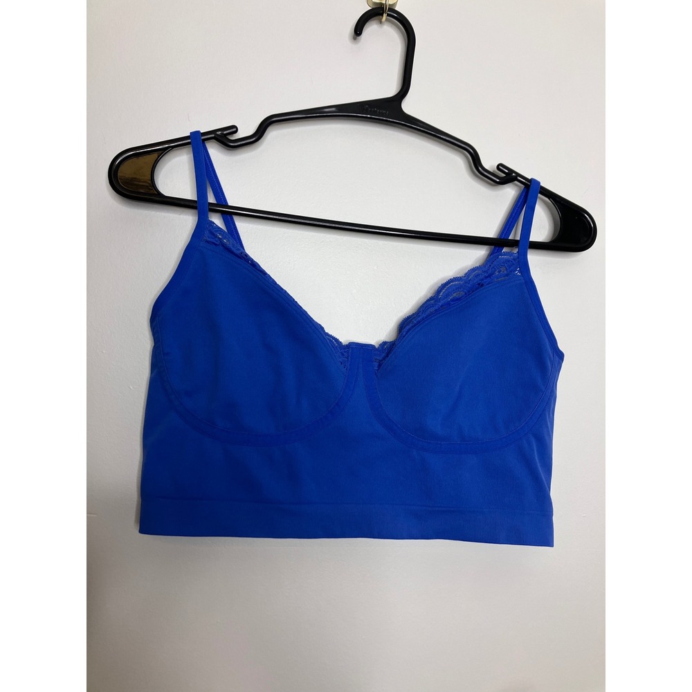 Aerie Bralette Women L Blue Excellent Ribbed Lace Trim Longline Seamless Bra